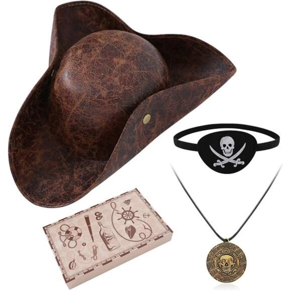 Pirate Hat Costume Tricorn Hat With Eye Patch & Necklaces - Picture 1 of 5